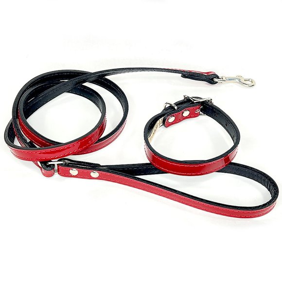 Maroon Patent Leather Collar and Leash - Picture 1 of 5